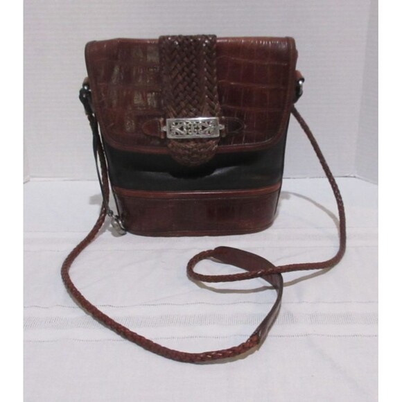 Brighton Vintage Leather Crossbody Embossed Crocodile Bucket Bag Woven Strap - Picture 1 of 6